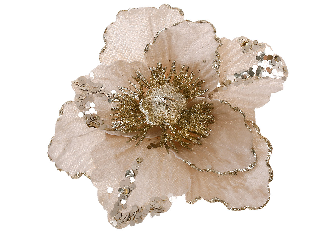 Оксамитова квітка Магнолія в паєтках 15см, колір - бежевий