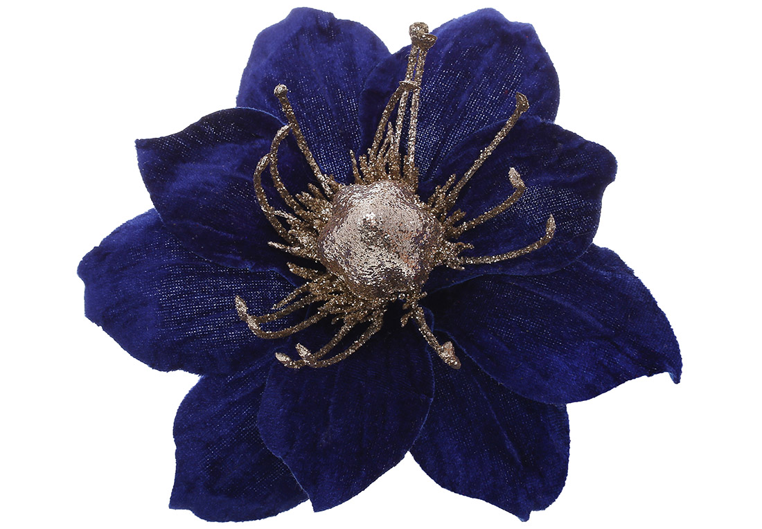 Оксамитова квітка Магнолія 20см, колір - синій з гліттером