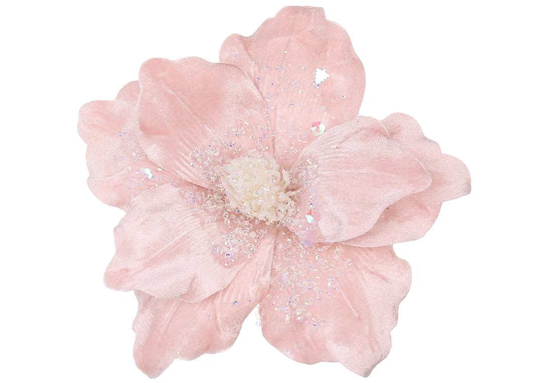 Оксамитова квітка Магнолія з декором з бісеру 25см, колір - пудровий