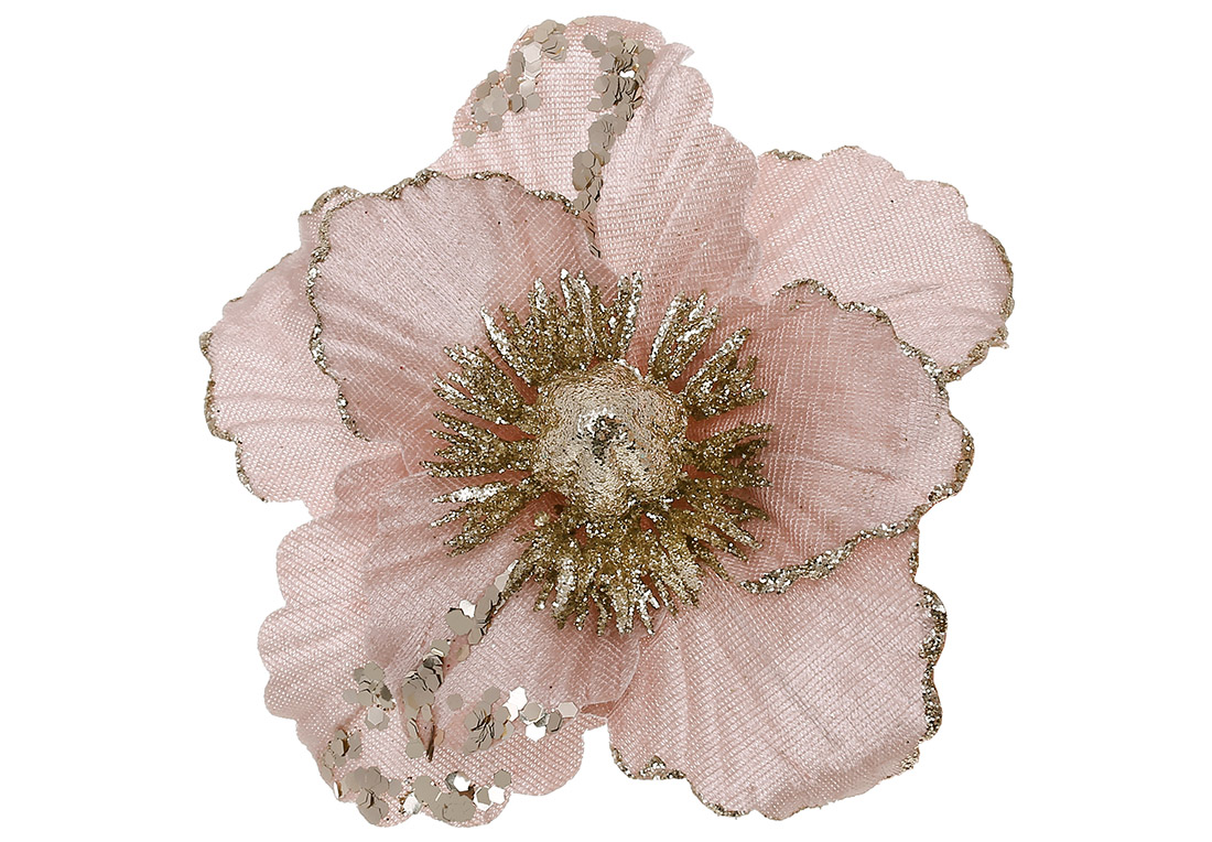 Оксамитова квітка Магнолія в паєтках 15см, колір - пудровий з гліттером шампань