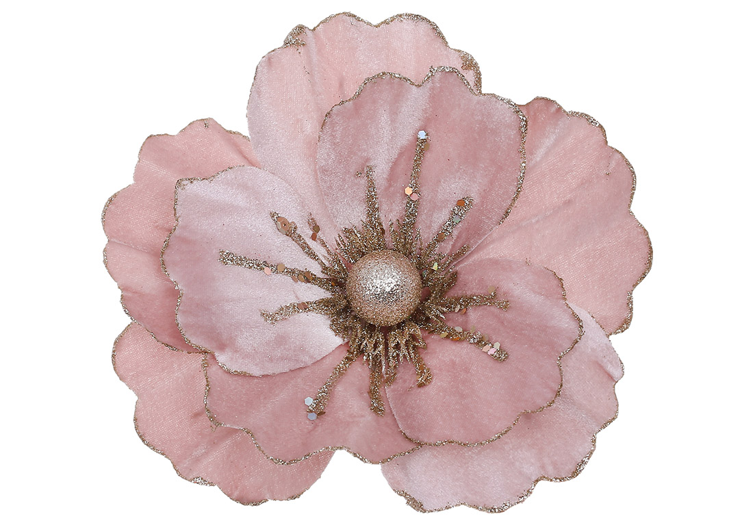 Оксамитова квітка Камелія з гліттером 21см, колір - пудровий
