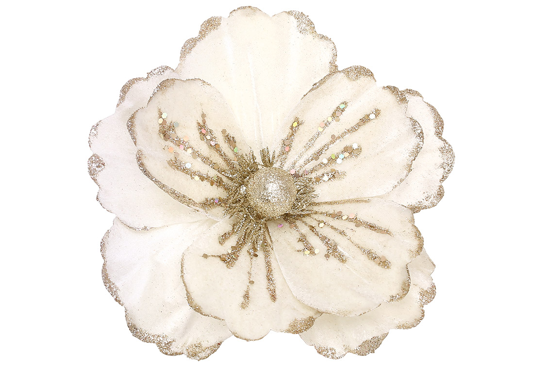 Оксамитова квітка Камелія з гліттером 21см, колір - шампань