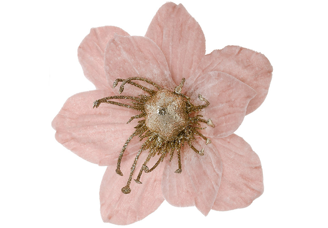 Оксамитова квітка Магнолія 20см, колір - рожевий з гліттером