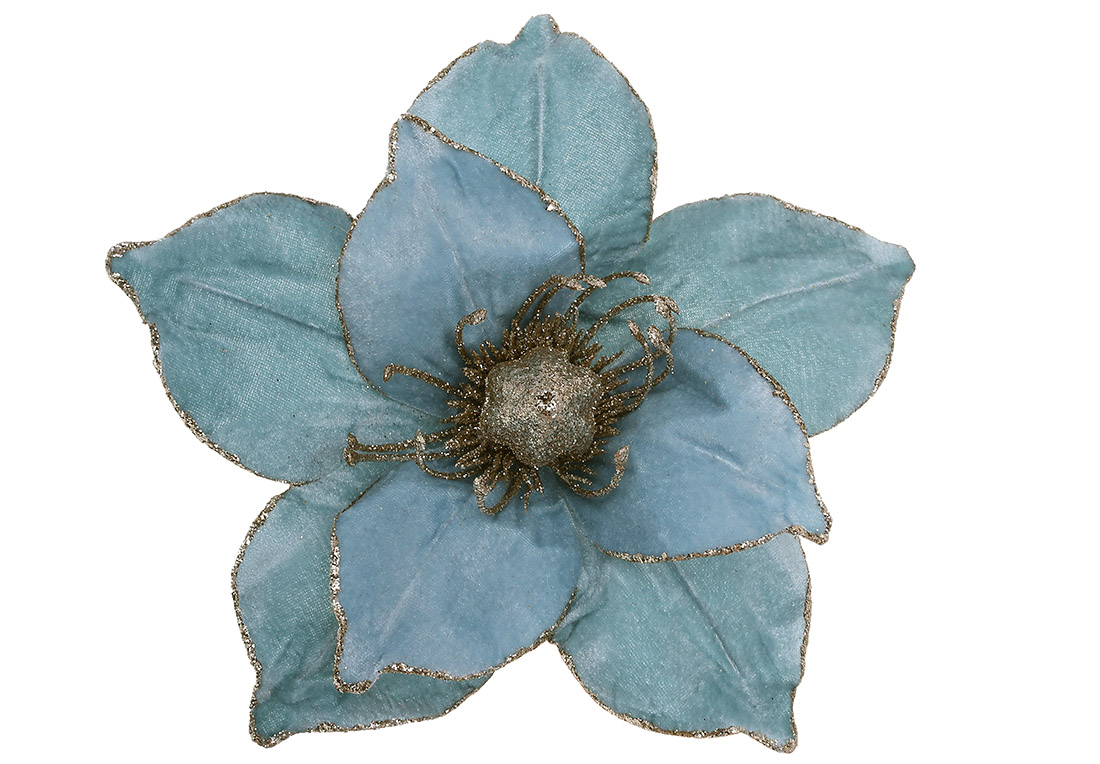 Оксамитова квітка Магнолія з гліттером 24см, колір - блакитний