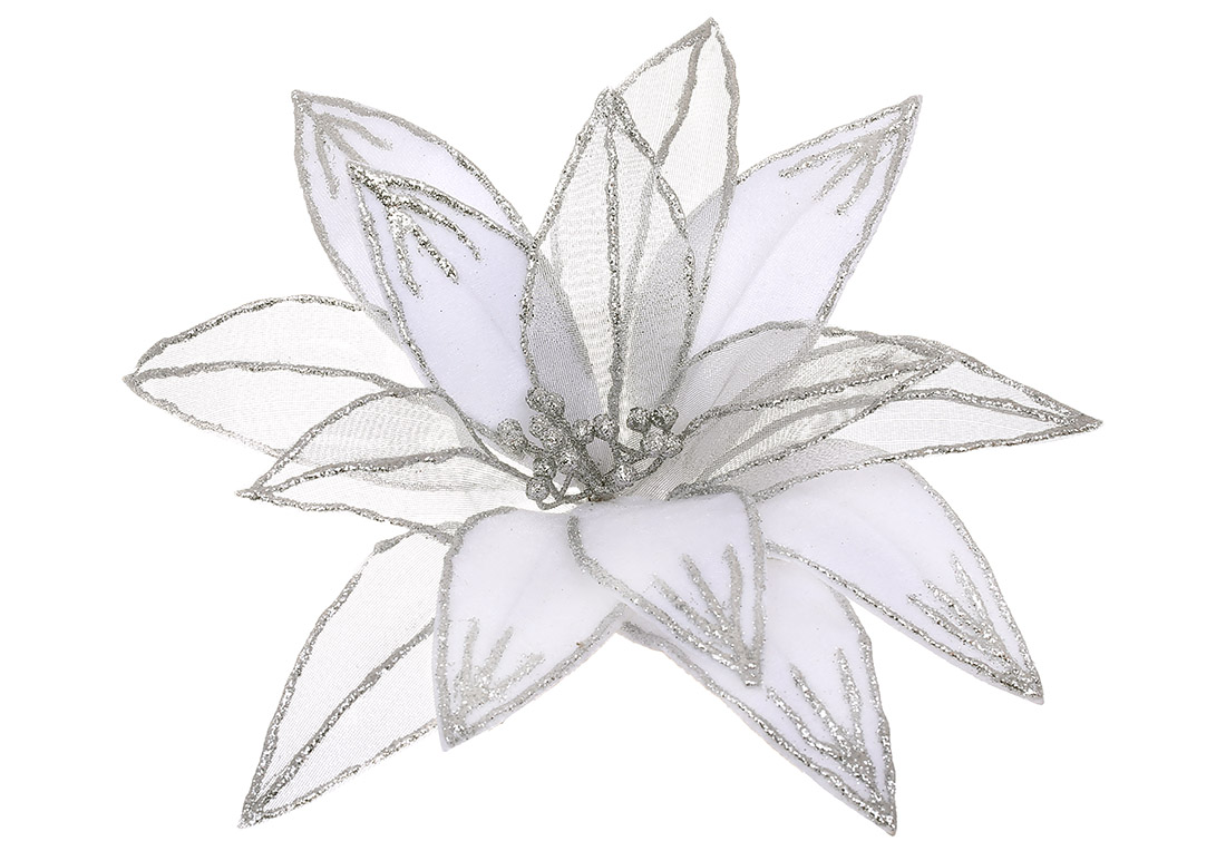 Квітка Пуансетія з оксамиту та органзи з гліттером 34см, колір - білий зі сріблом