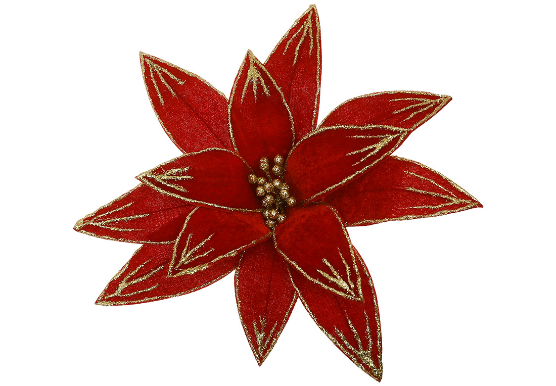 Оксамитова квітка Пуансетія з гліттером 34см, колір - червоний з золотом