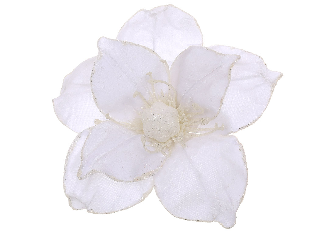 Оксамитова квітка Магнолія з гліттером 24см, колір - білий