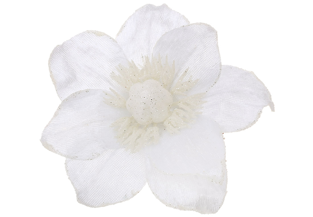 Оксамитова квітка Магнолія 15см, колір - білий з гліттером
