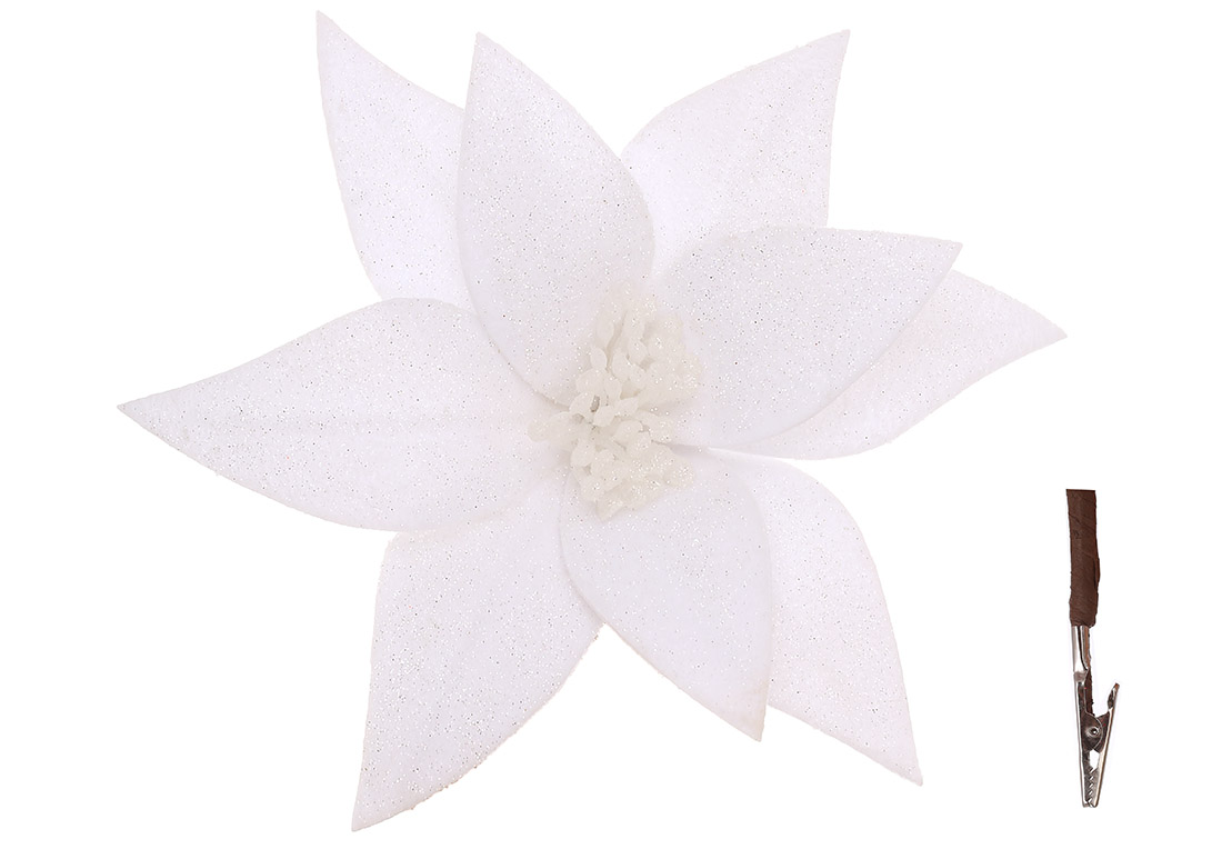 Декоративна квітка Пуансетія на кліпсі в глтітері D32см, колір - білий