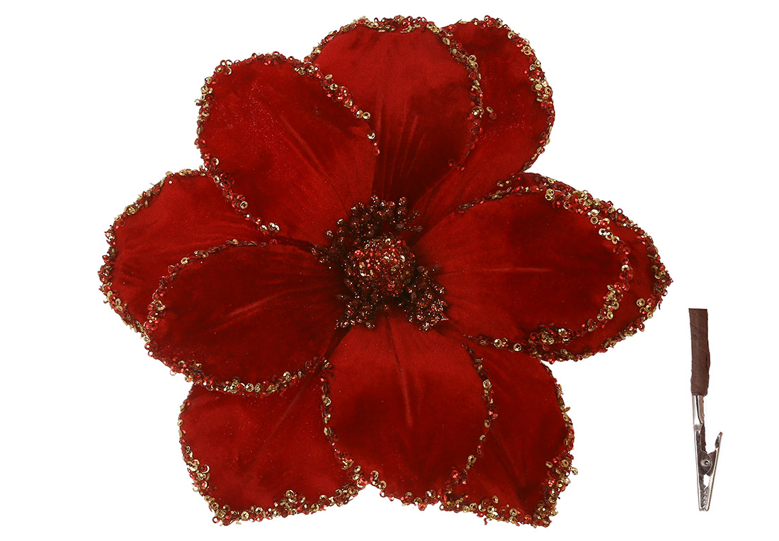 Оксамитова квітка Магнолія на кліпсі з паєтками D28см, колір - червоний з золотом