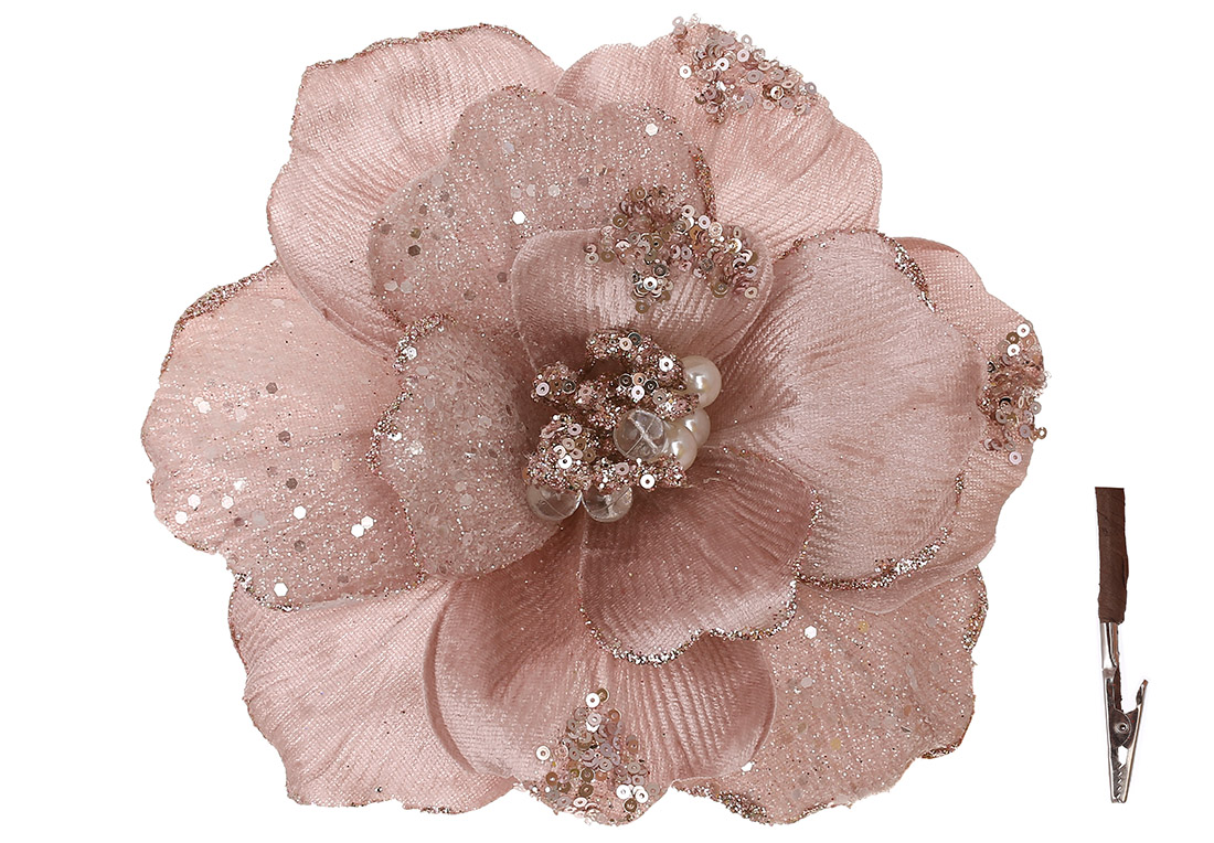 Оксамитова квітка Магнолія на кліпсі, з перлами та паєтками D24см, колір - світло - ліловий