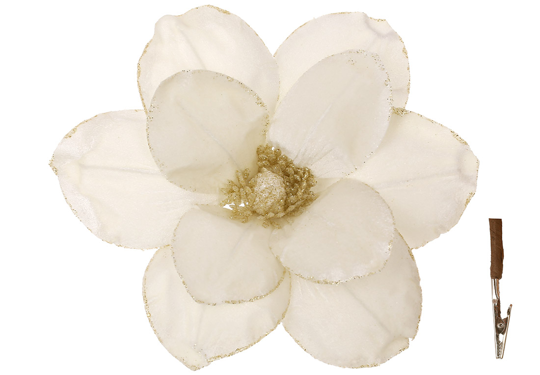 Оксамитова квітка Магнолія на кліпсі D27см, колір - кремовий