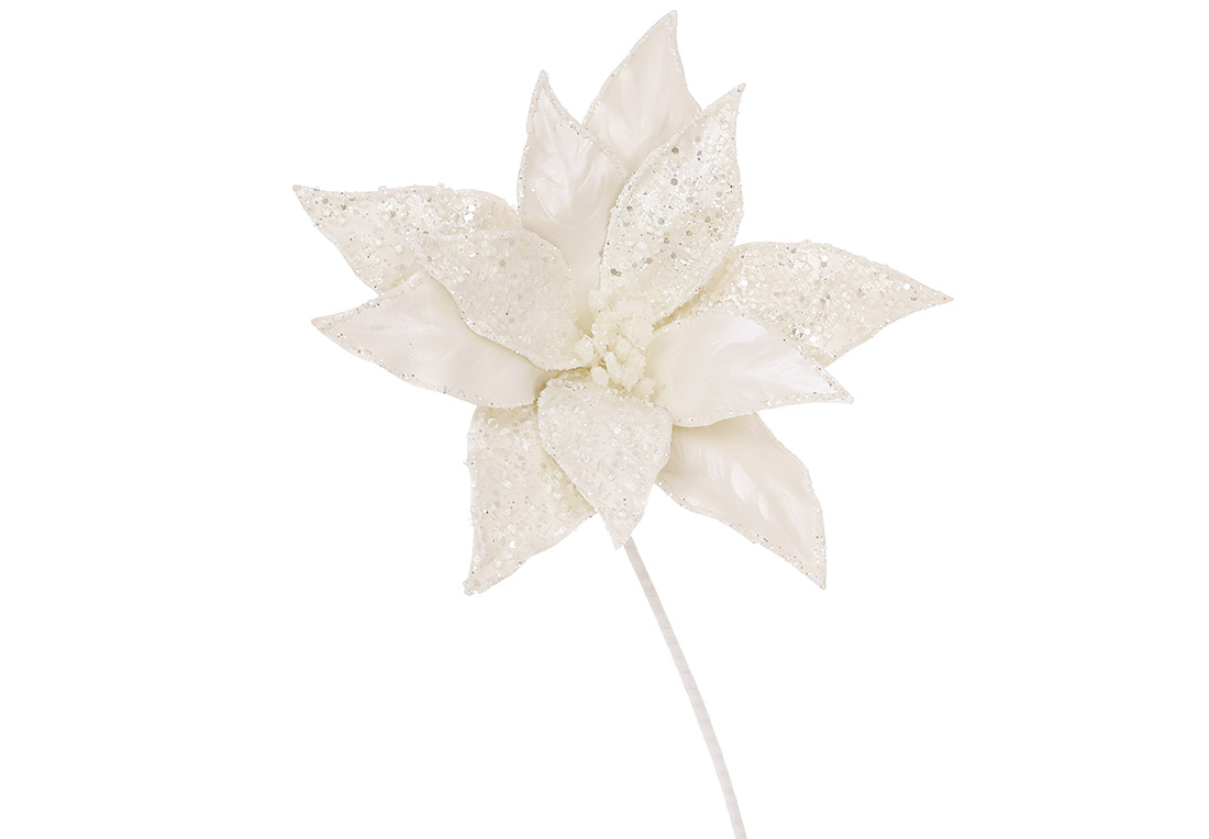 Декоративна квітка Пуансетія з кристалами D30см, ніжка 50см, колір - білий