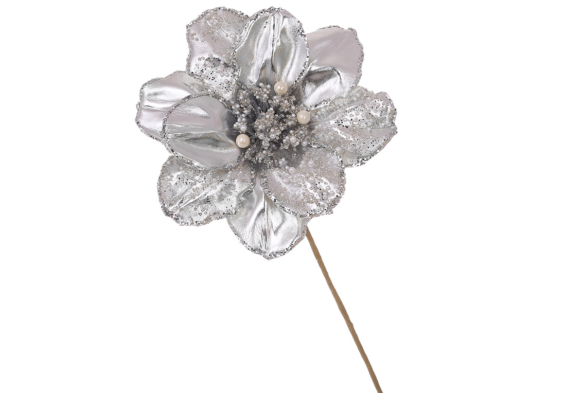 Декоративна квітка Магнолія з бусинами D21см, ніжка 51см, колір - срібло