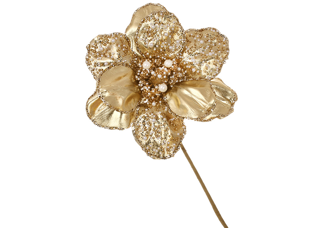 Декоративна квітка Магнолія з бусинами D22см, ніжка 50см, колір - золото