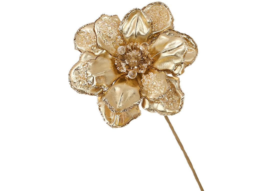 Декоративна квітка Магнолія з бусинами та кристалами D22см, ніжка 50см, колір - золото