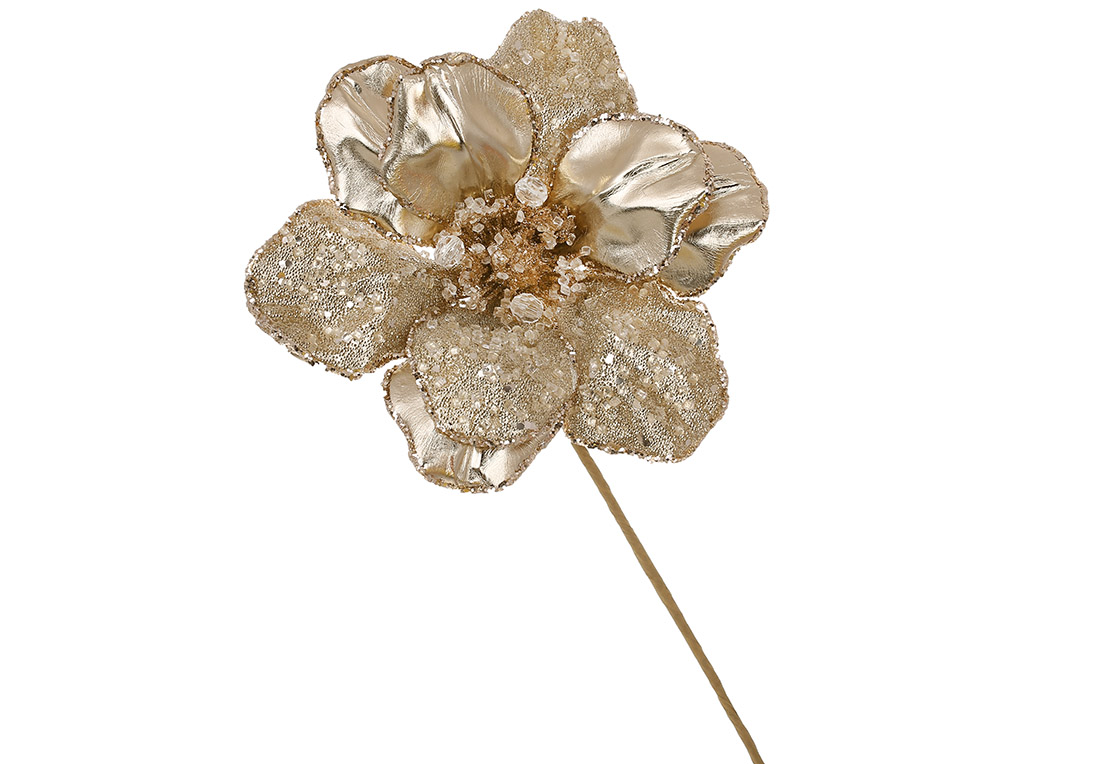 Декоративна квітка Магнолія з бусинами та кристалами D20см, ніжка 50см, колір - шампань