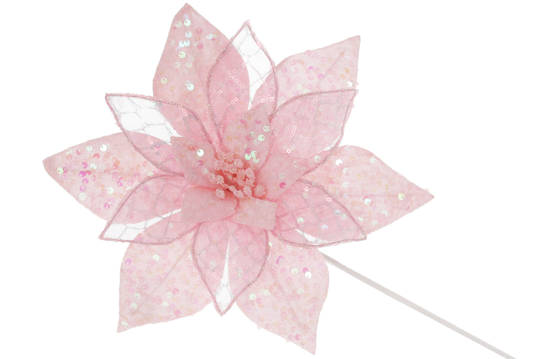 Декоративна квітка Пуансетія з гліттером та паєтками 33см, ніжка 50см, колір - рожевий