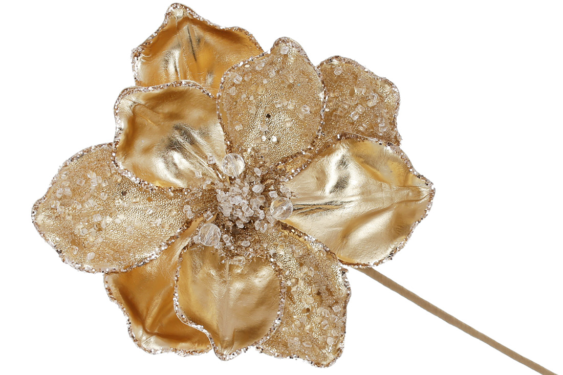 Декоративна квітка Магнолія з бусинами та кристалами 20см, ніжка 50см, колір - золото