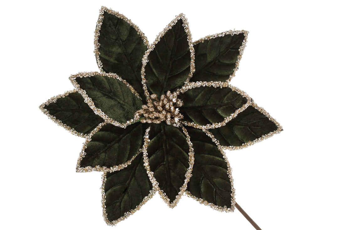 Декоративна квітка Пуансетія з оксамиту з гліттером 28см, ніжка 50см, колір - глибокий зелений