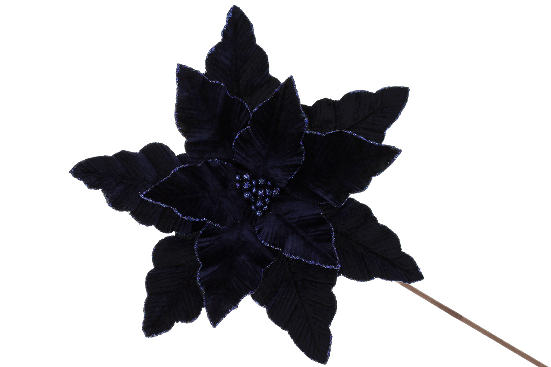 Декоративна квітка Пуансетія з оксамиту 35см, ніжка 50см, колір - північний синій