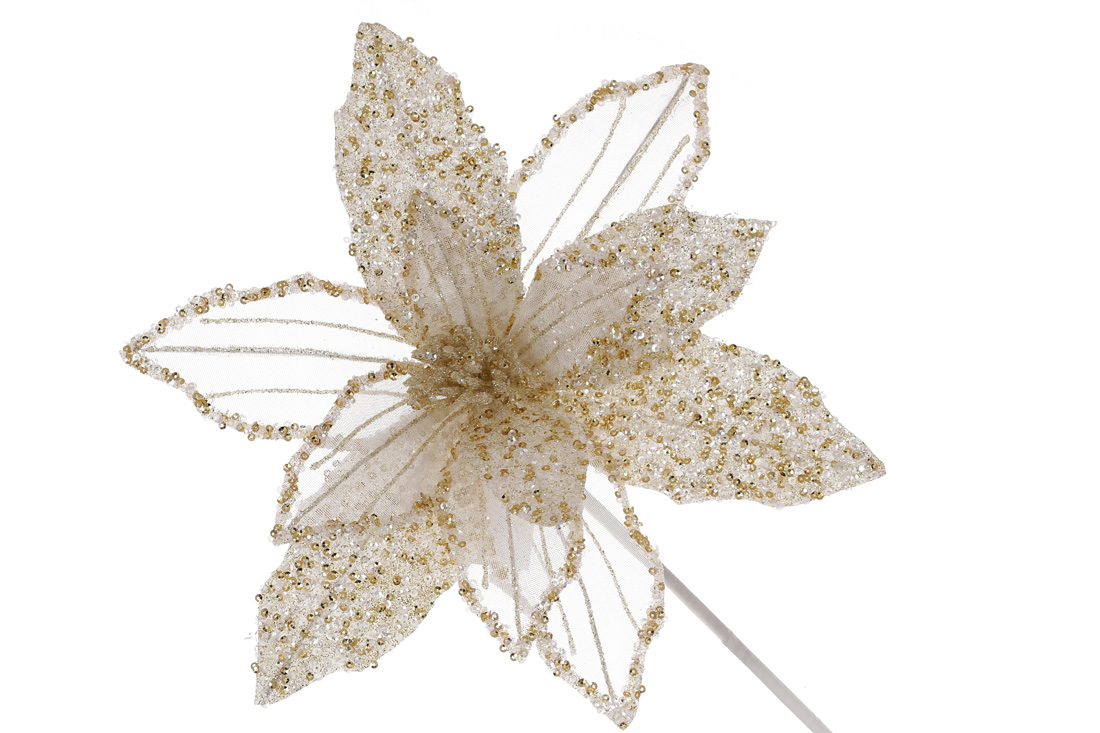 Декоративна квітка Пуансетія з гліттером та бісером 30см, ніжка 50см, колір - ваніль