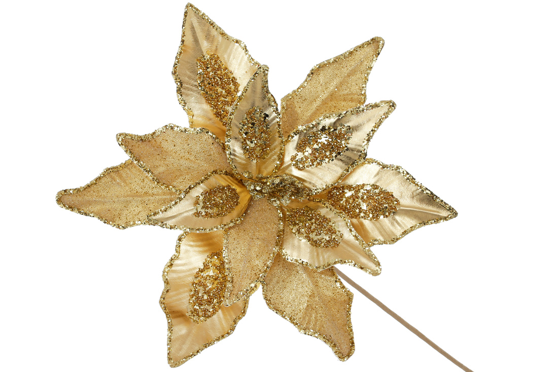 Декоративна квітка Пуансетія з гліттером 31см, ніжка 50см, колір - золото