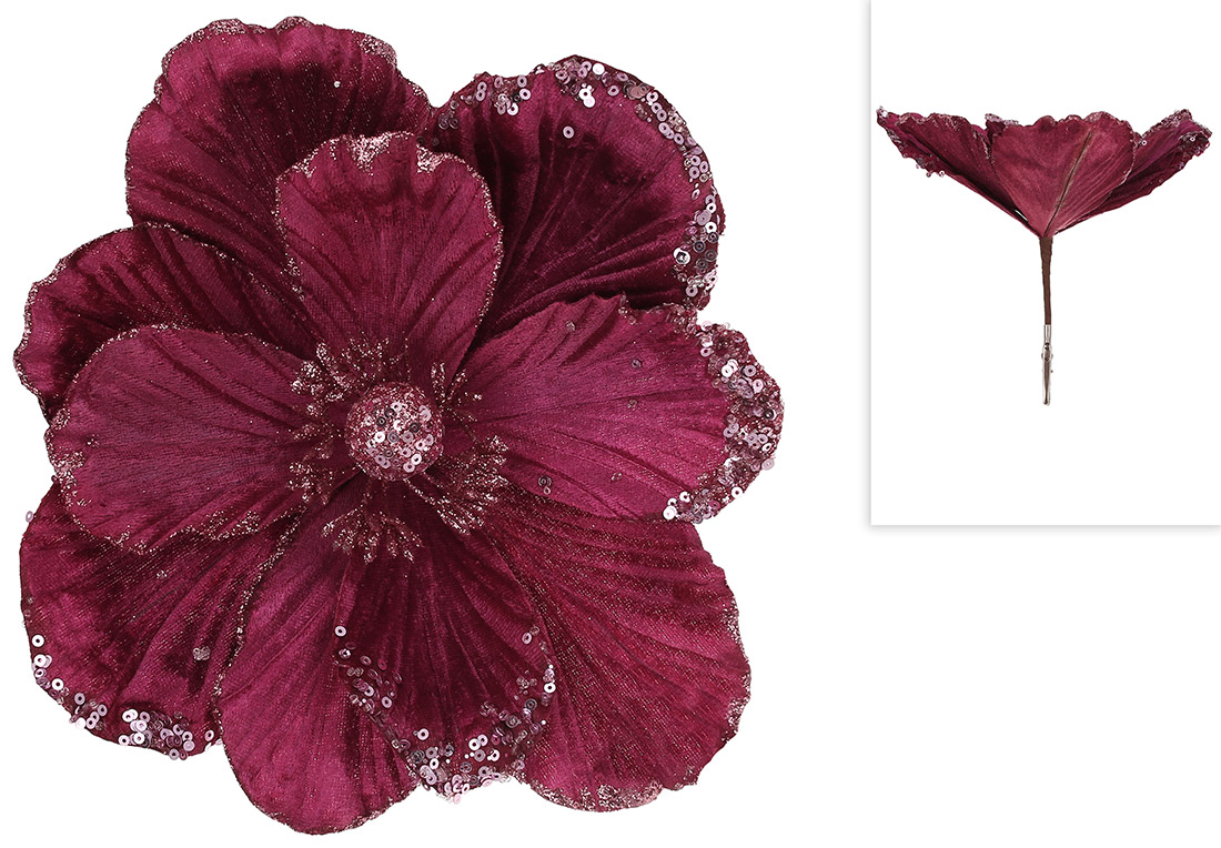 Декоративна квітка Камелія 24см на кліпсі, колір - малиновий