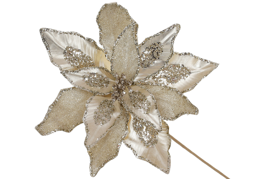 Декоративна квітка Пуансетія з гліттером 31см, ніжка 50см, колір - шампань