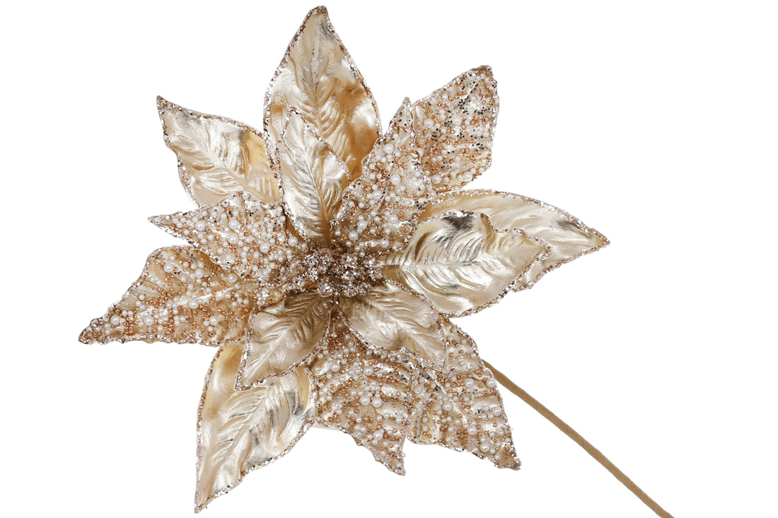 Декоративна квітка Пуансетія з перлинними бусинами та гліттером 28см, ніжка 50см, колір - шампань