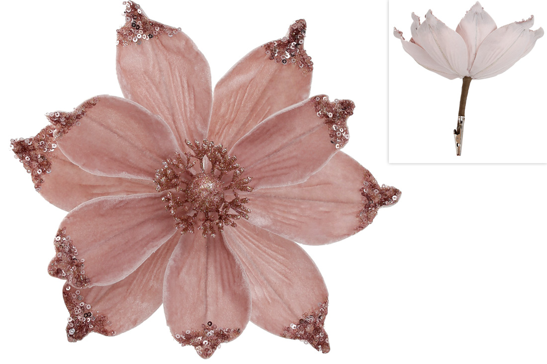 Декоративна квітка Магнолія 24см на кліпсі, колір - рожева пудра