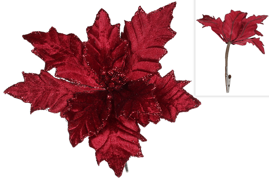 Декоративна квітка Пуансетія 18см на кліпсі, колір - бургунді