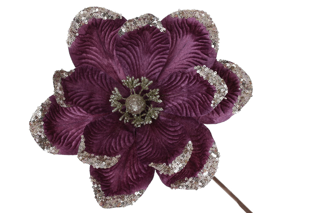 Декоративна квітка Магнолія з оксамиту з гліттером 26см, ніжка 50см, колір - пурпурний