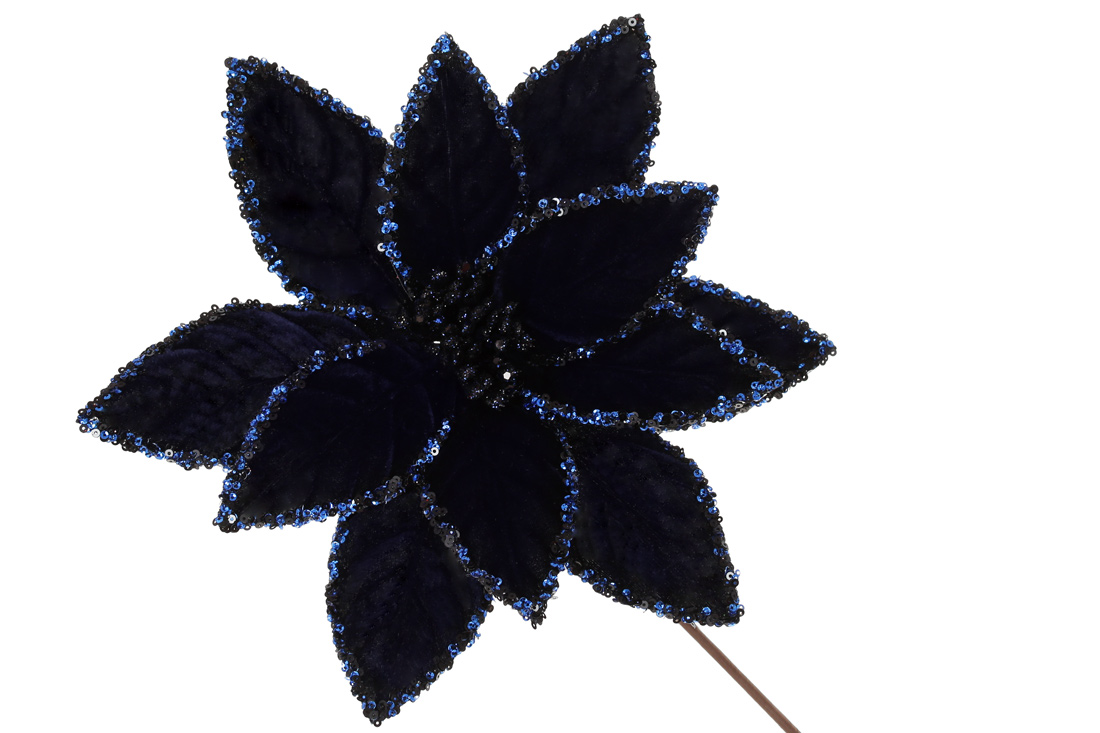 Декоративна квітка Пуансетія з оксамиту 28см, ніжка 50см, колір - північний синій