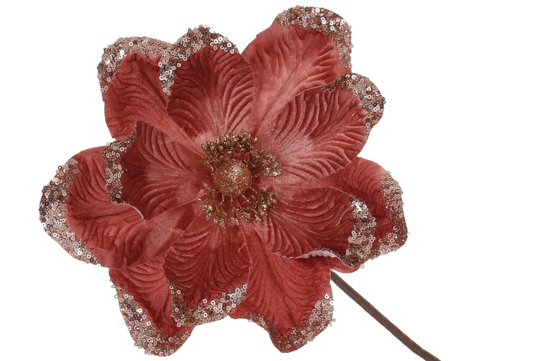 Декоративна квітка Магнолія з оксамиту з гліттером 26см, ніжка 50см, колір - темний персиковий