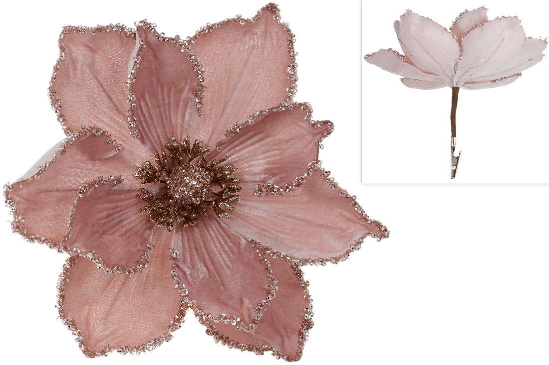 Декоративна квітка Магнолія 23см на кліпсі, колір - рожева пудра