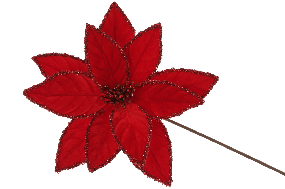 Декоративна квітка Пуансетія з оксамиту 28см, ніжка 50см, колір - червоний