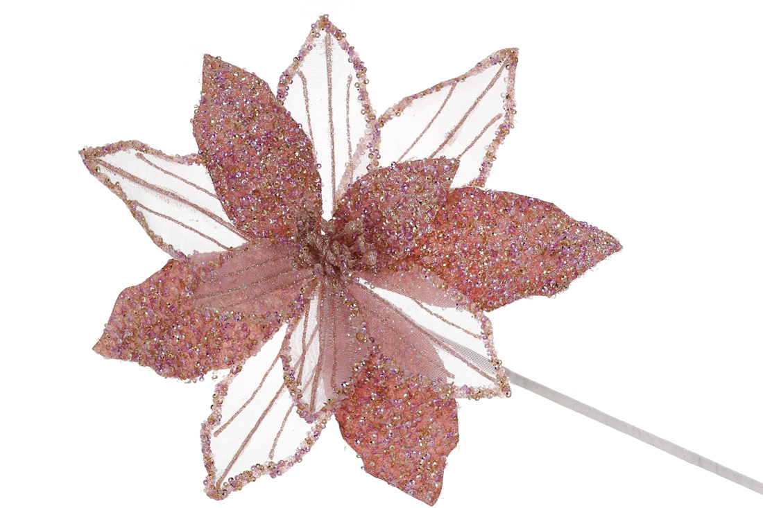 Декоративна квітка Пуансетія з гліттером та бісером 30см, ніжка 50см, колір - рожевий