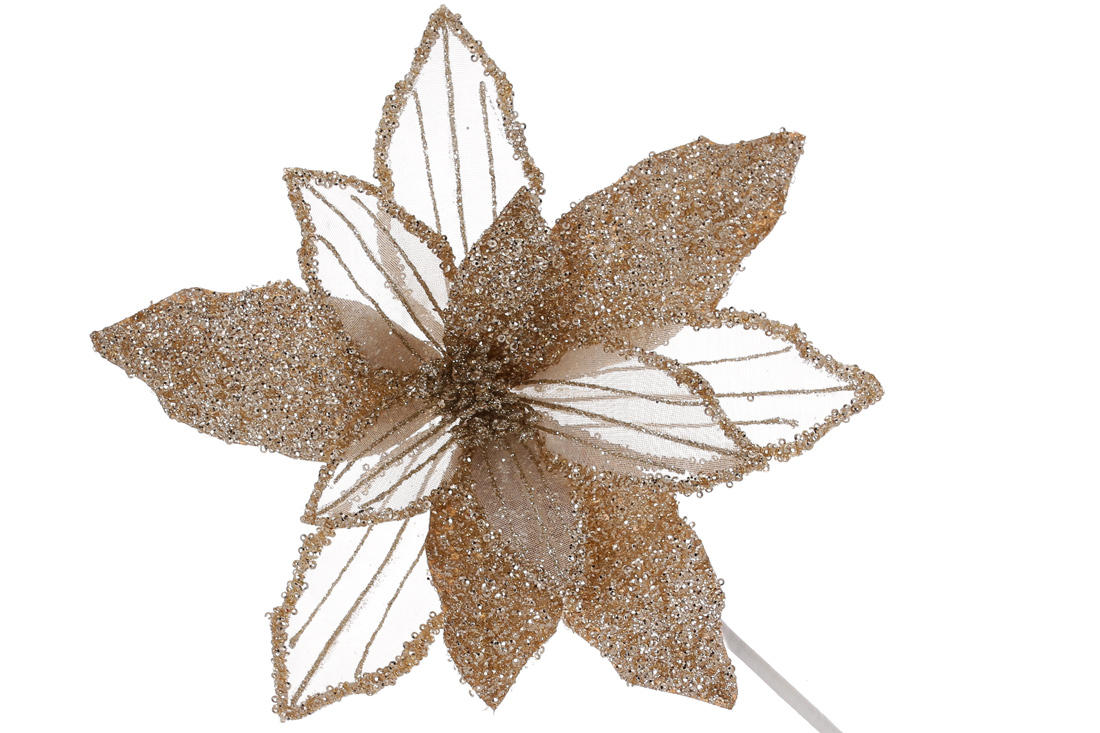 Декоративна квітка Пуансетія з гліттером та бісером 30см, ніжка 50см, колір - шампань