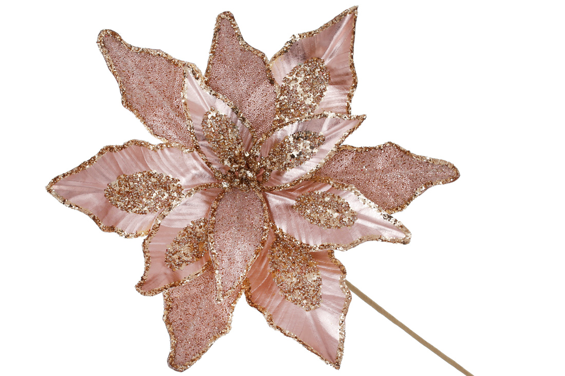 Декоративна квітка Пуансетія з гліттером 31см, ніжка 50см, колір - рожеве золото