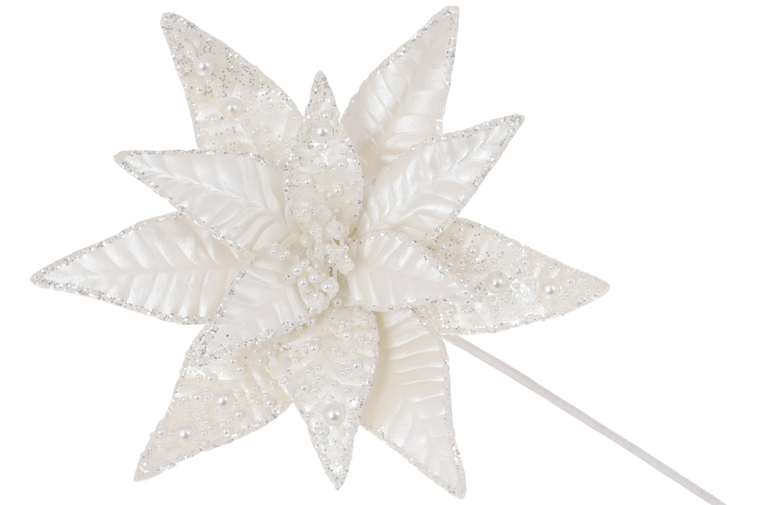 Декоративна квітка Пуансетія з перлинними бусинами та гліттером 25см, ніжка 50см, колір - білий перламутр