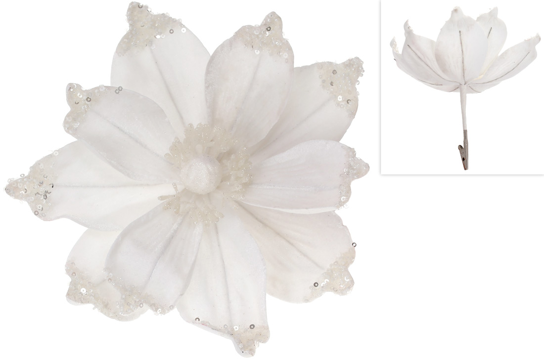 Декоративна квітка Магнолія 24см на кліпсі, колір - білий