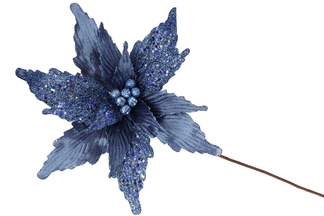 Декоративна квітка Пуансетія 30см, довжина ніжки 50см, колір - королівський синій