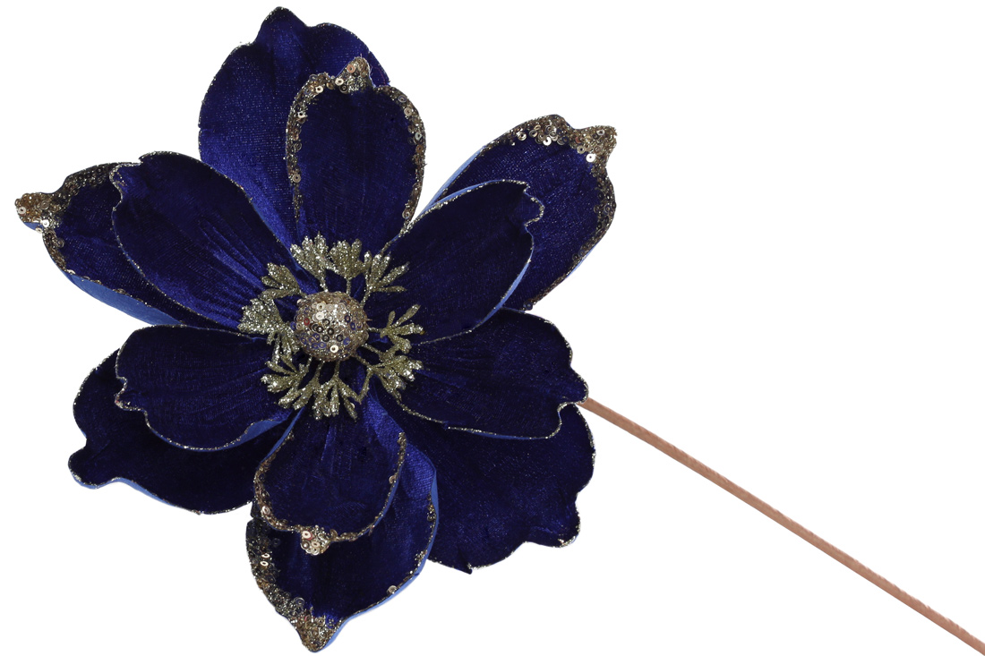 Декоративна квітка Магнолія 50см, колір - королівський синій з шампань.