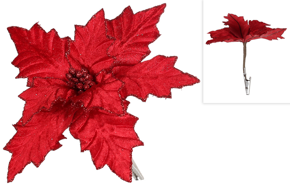 Декоративна квітка Пуансетія 18см на кліпсі, колір - червоний