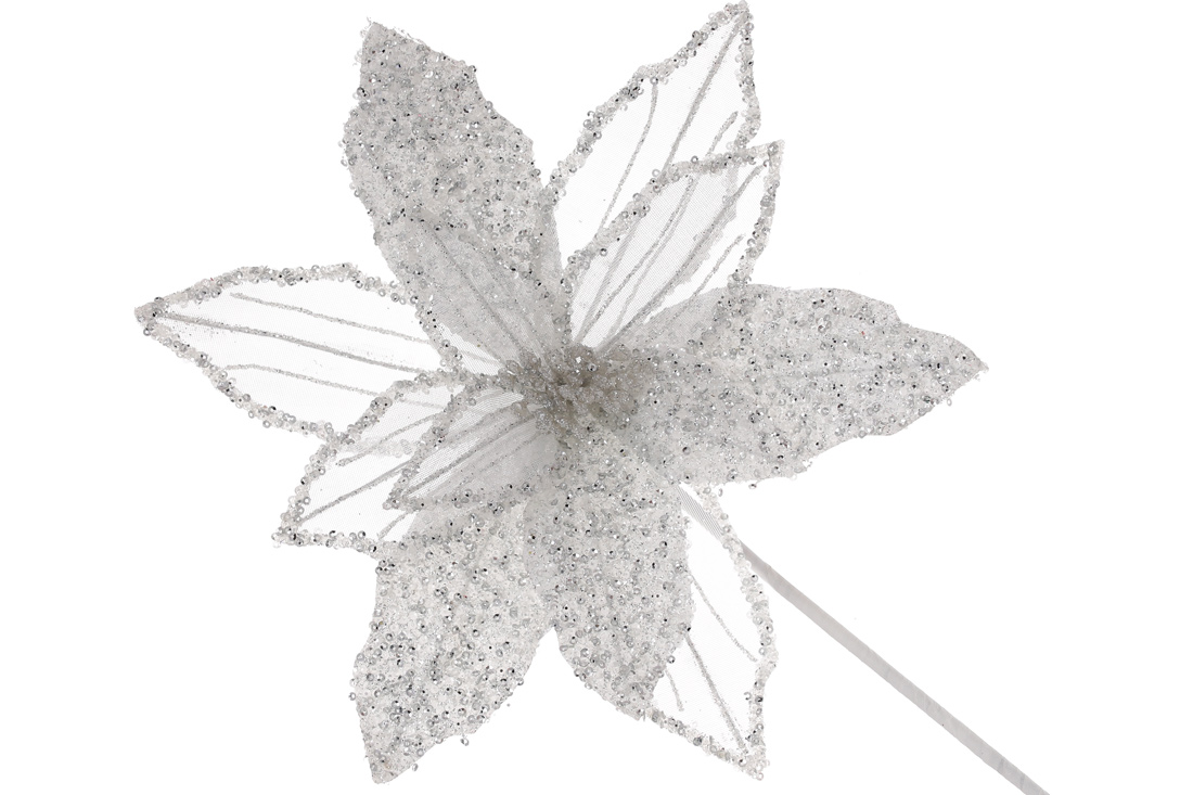 Декоративна квітка Пуансетія з гліттером та бісером 30см, ніжка 50см, колір - білий