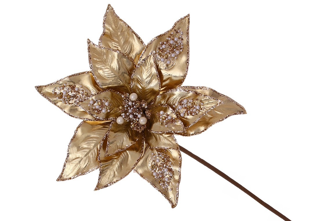 Декоративна квітка Пуансетія з перлинними намистинами та гліттером 28см, ніжка 50см, колір - золото