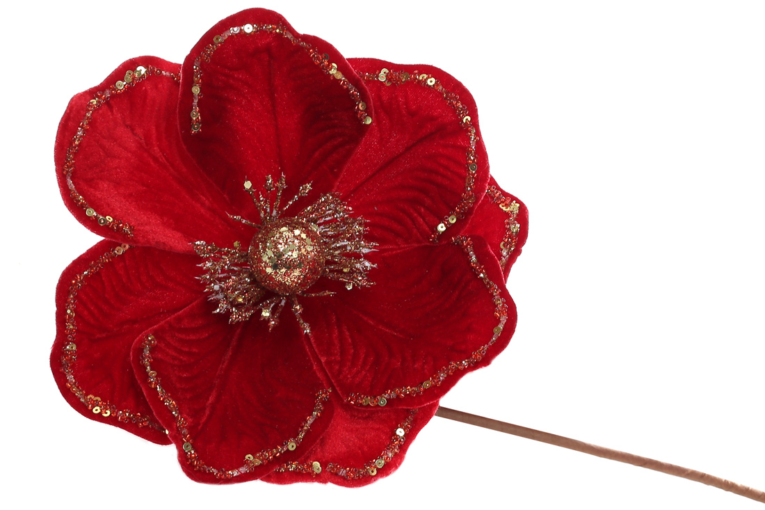 Декоративна квітка Магнолія 50см, колір - червоний із золотом