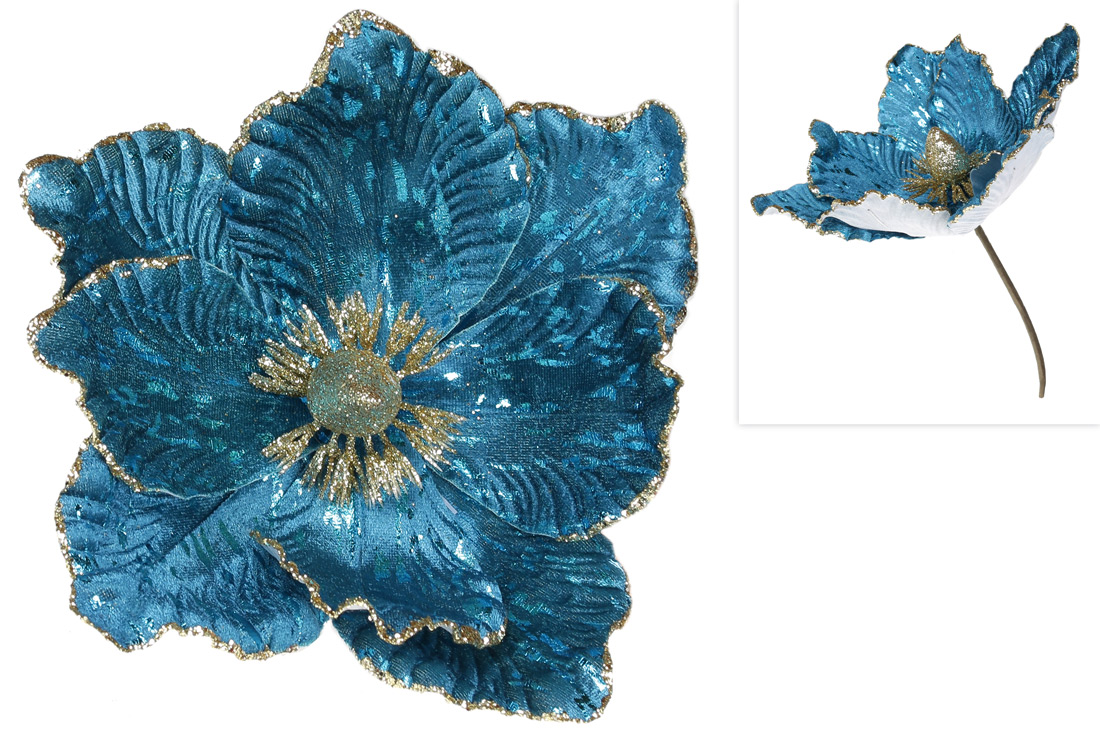 Декоративна квітка Магнолія 24см, колір - бірюзовий оксамит із золотом