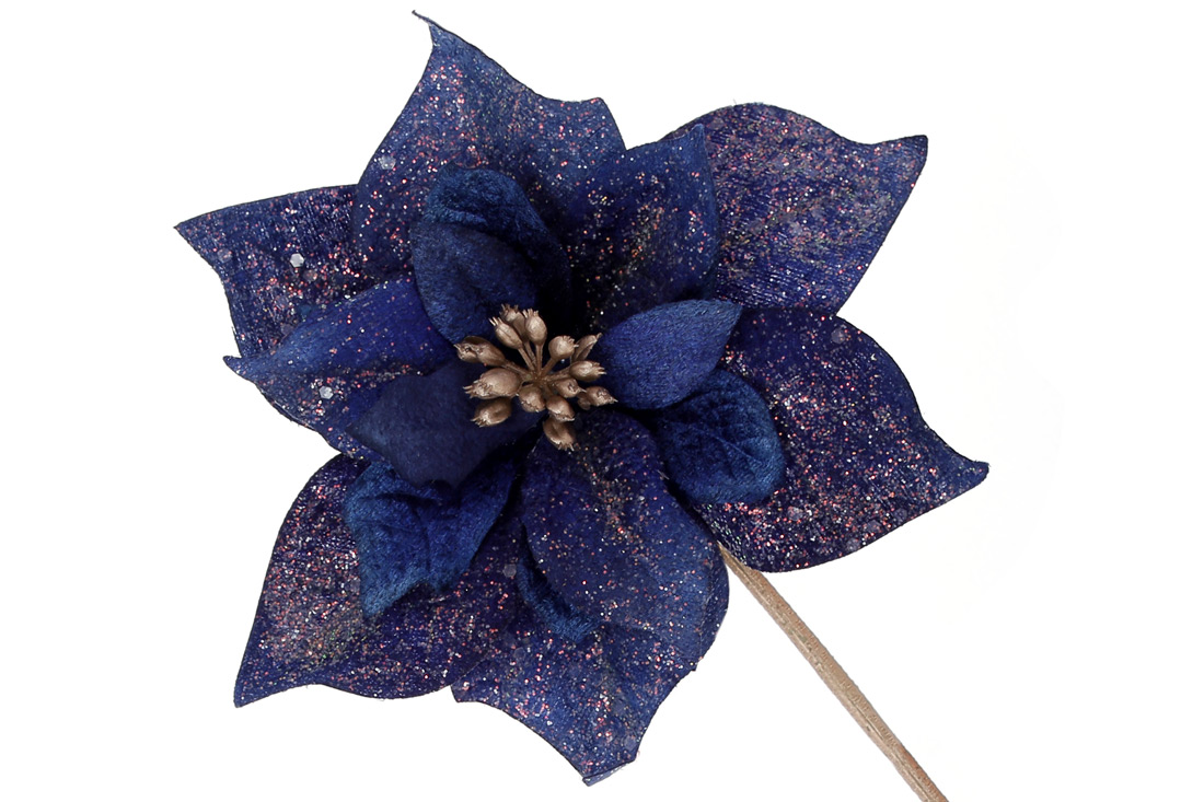 Преміальна квітка Пуасеттія з оксамиту з глітером на нозі 32см, колір - королівський синій